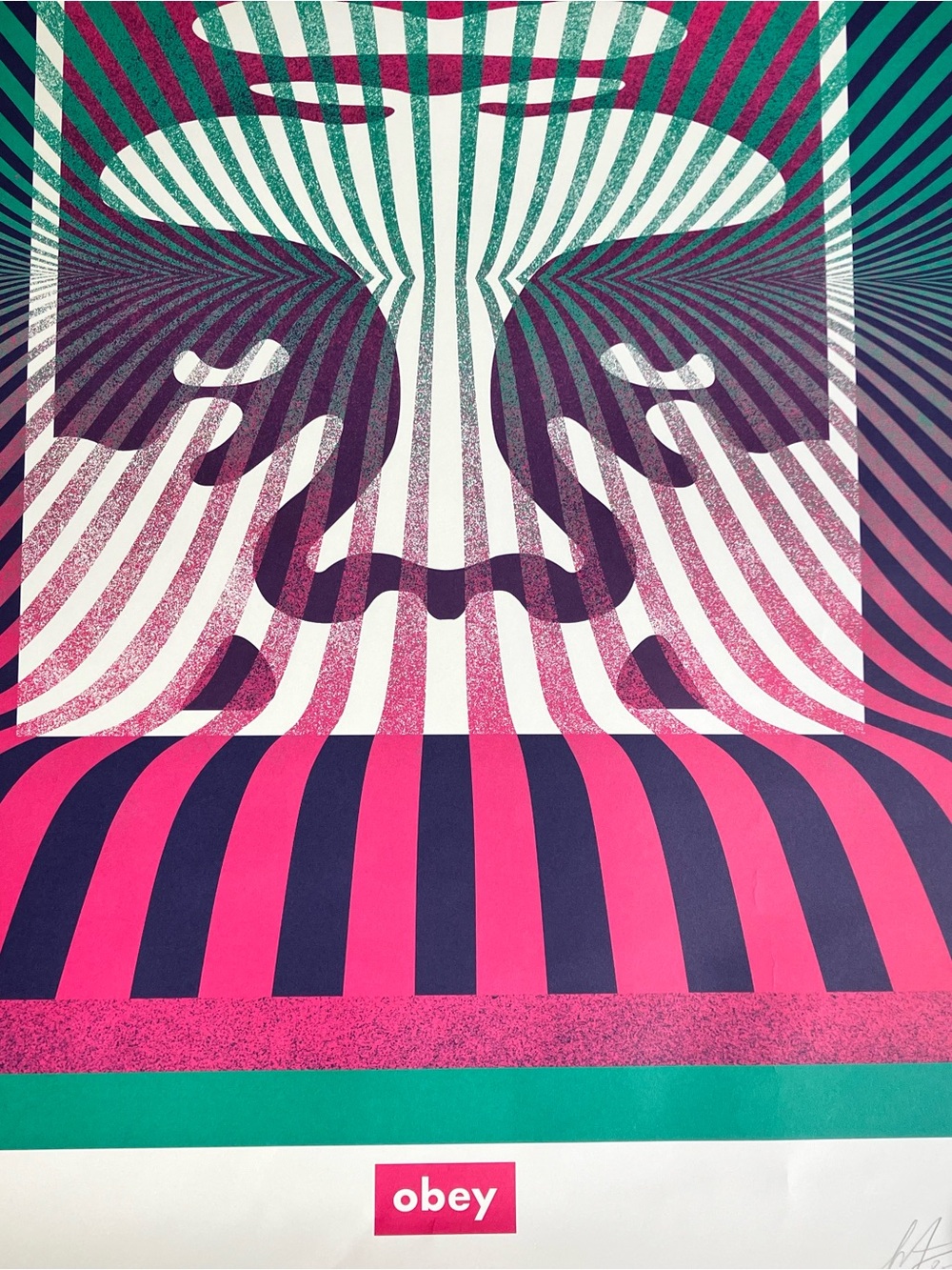 New Obey Pink Teal & Navy Optical Portrait 36 x 24 signed Shepard Fairey Art